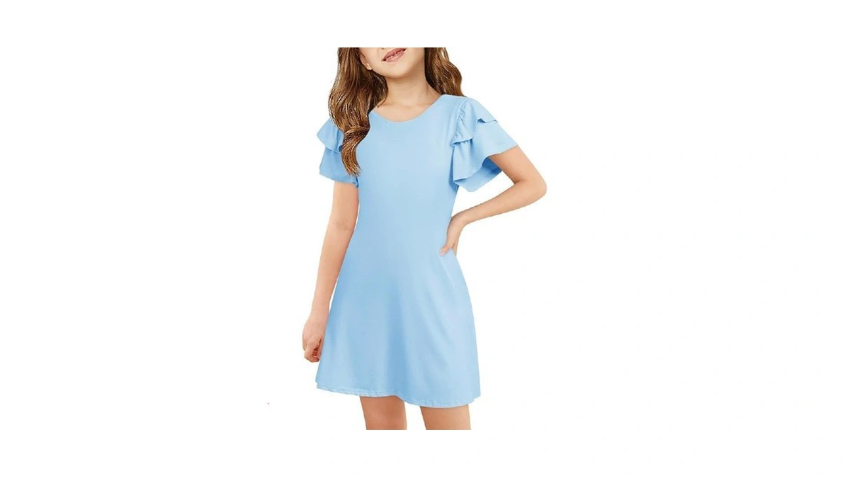 Haloumoning Girls Ruffle Sleeve Dresses Kids Summer Crewneck A Line