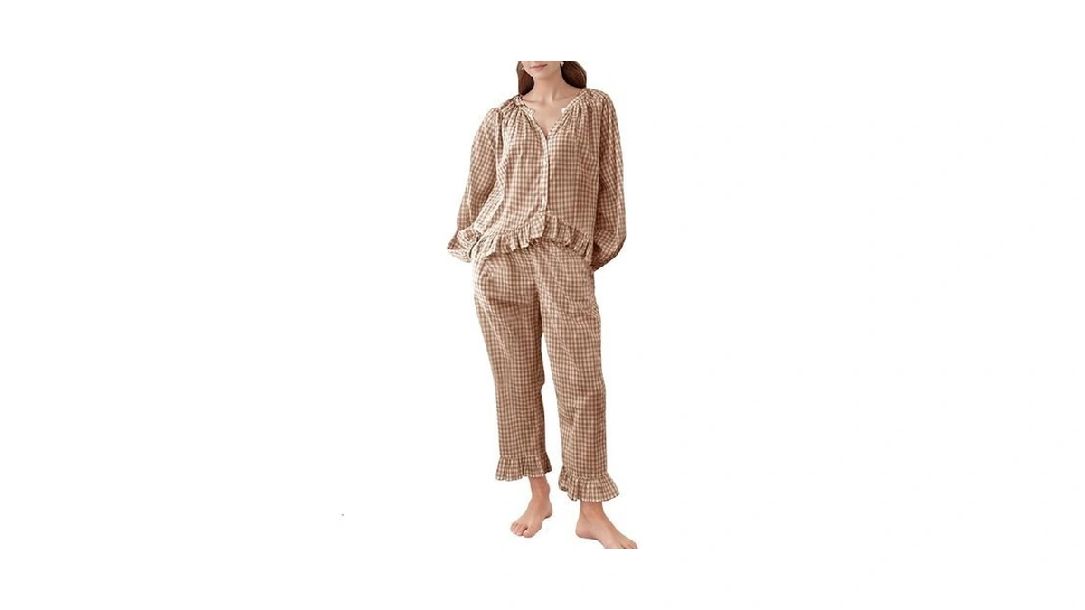 Cozypoin Women's Cotton Gingham Pajama Set 2 Piece Long Sleeve