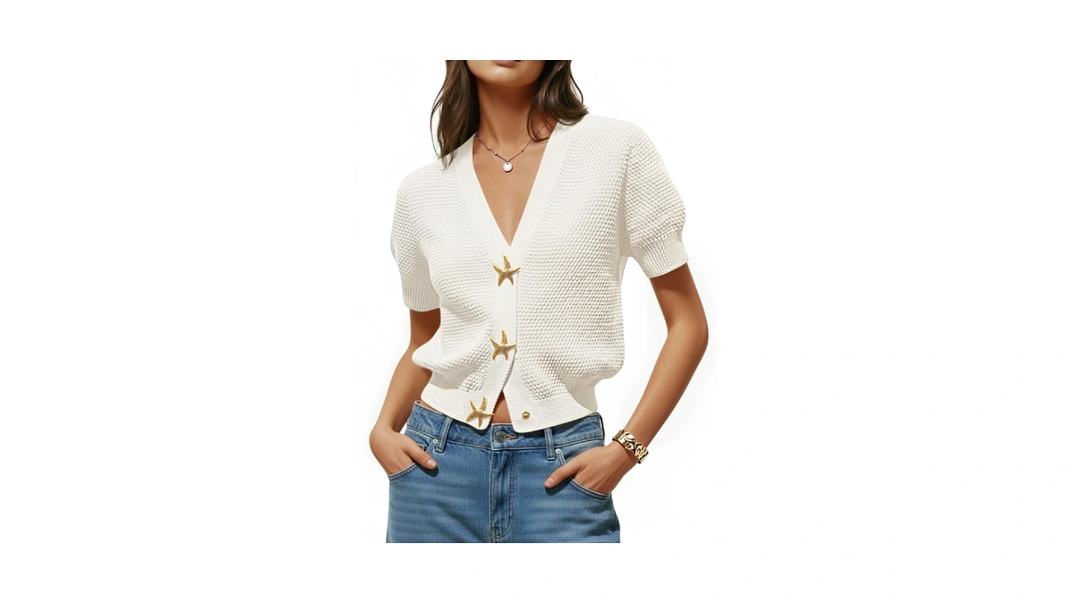 Saodimallsu Womens Puff Short Sleeve Cardigans V Neck Button Down