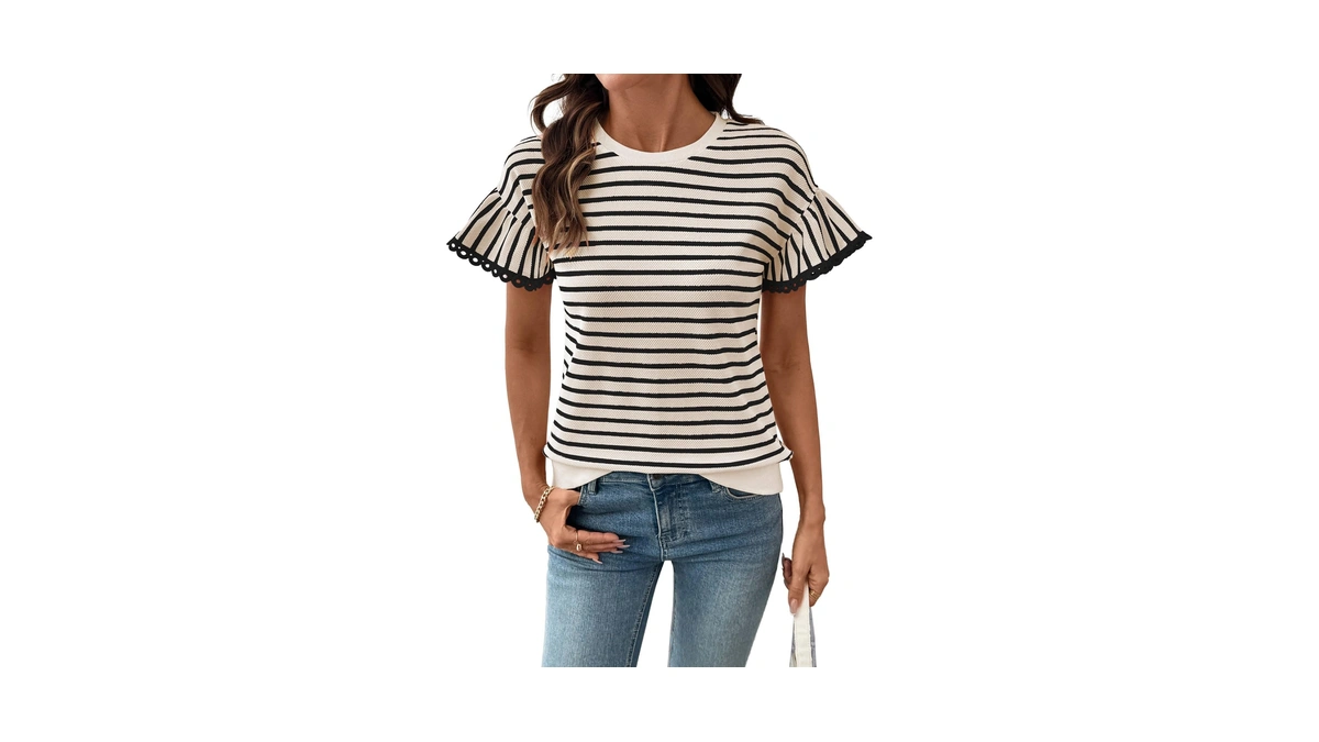 Shewin Women Summer Tops Ruffle Short Sleeve Shirts Business Dressy