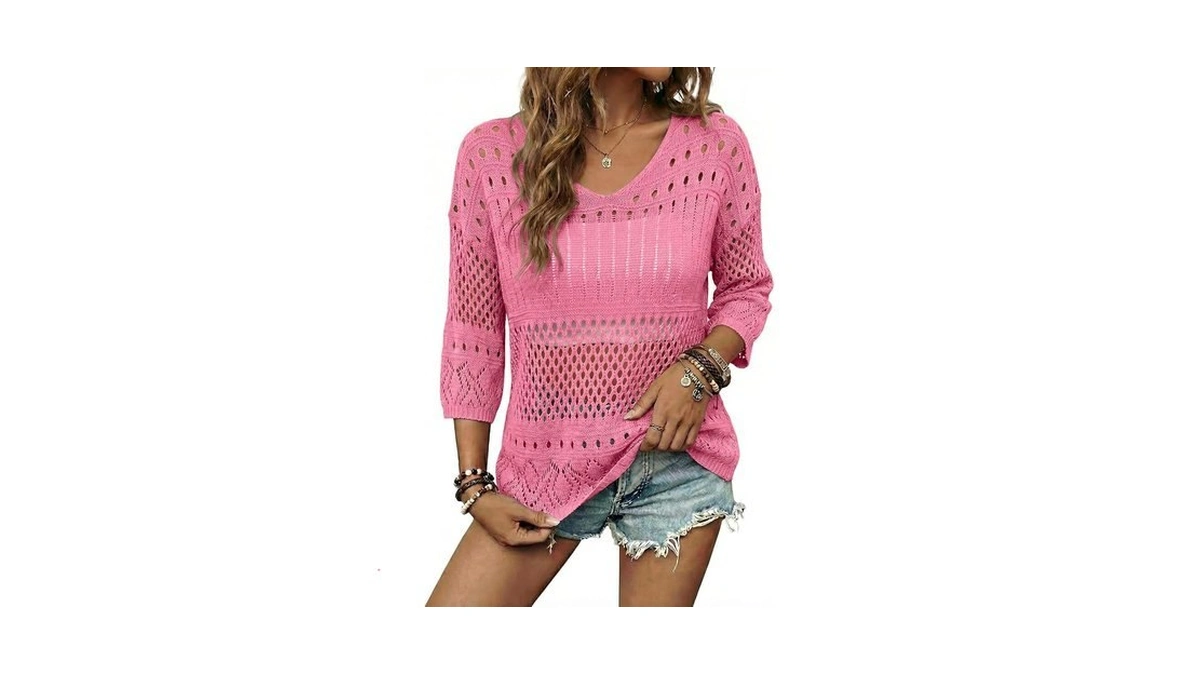 Evaless Womens Spring Fashion 2026 V Neck 3/4 Sleeve Crochet