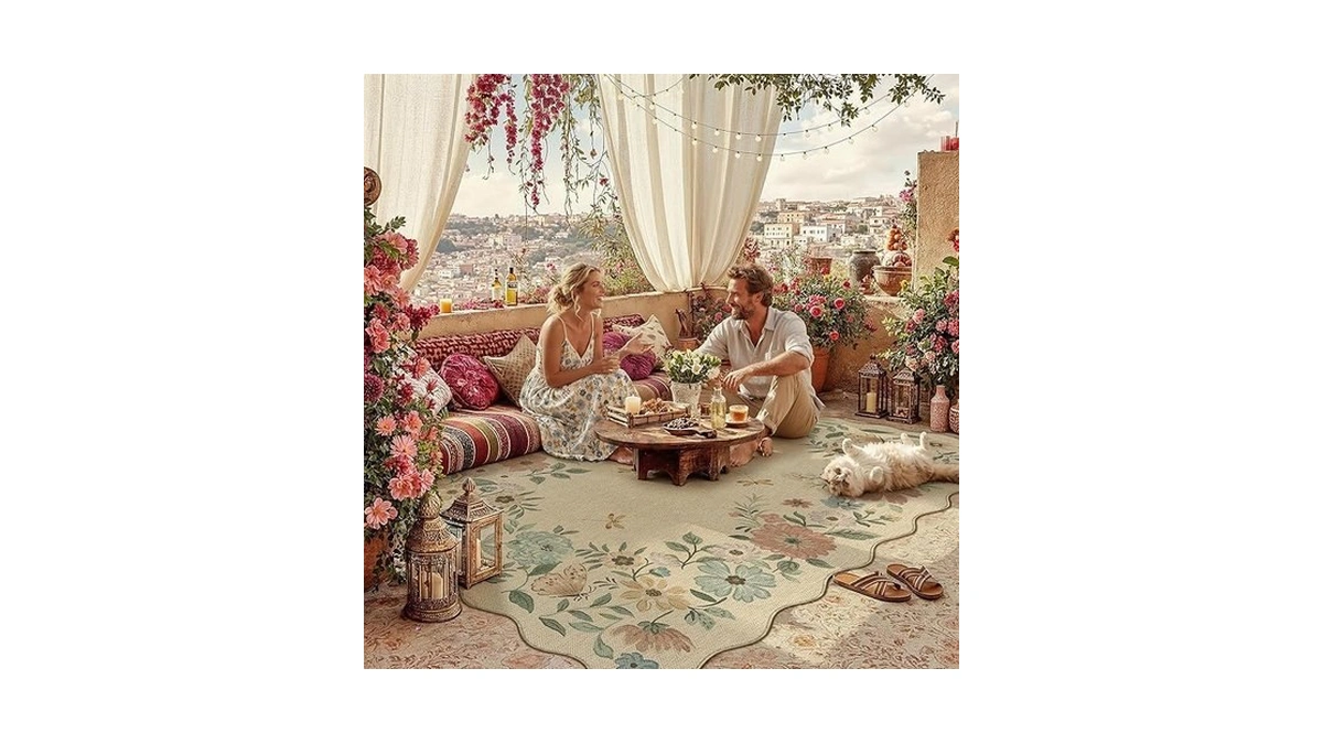 Purecozy Scalloped Easy Jute 6x9 Area Rug Beige Floral Living