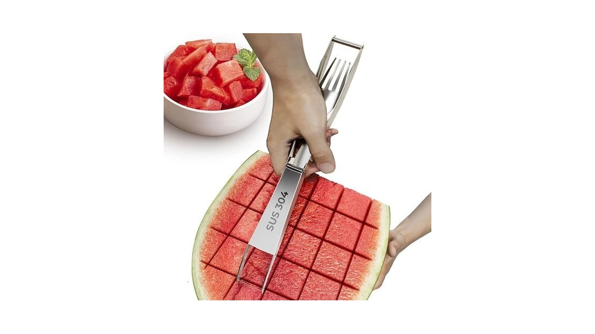 Cripstaste Watermelon Cutter With Retractable Fork, 2-in-1 Stainless Steel Fruit