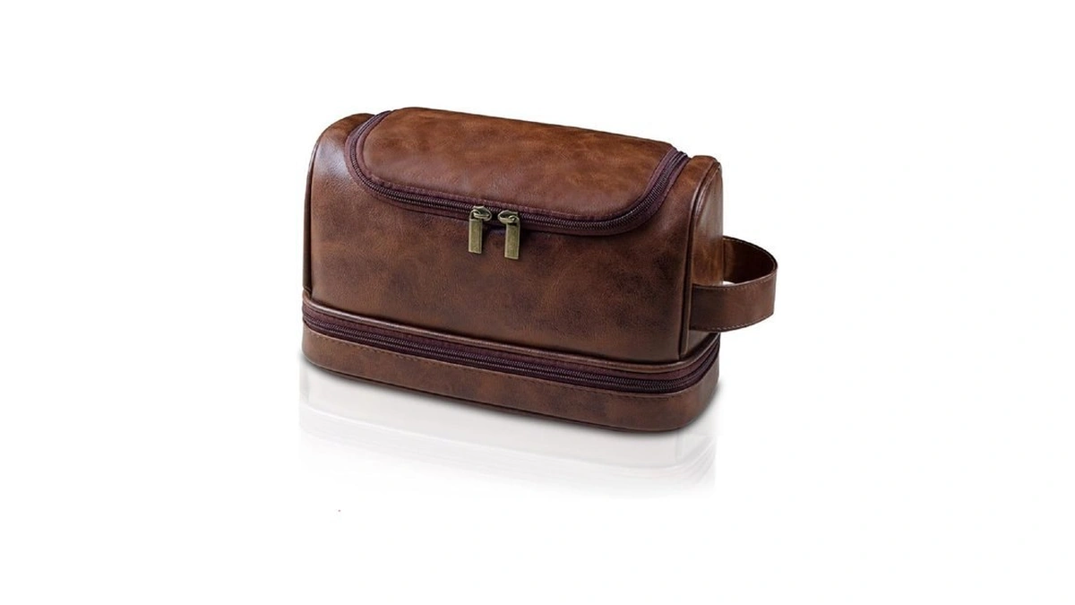 Lianhtai Toiletry Bag For Men, Large Leather Travel Pouch Bag