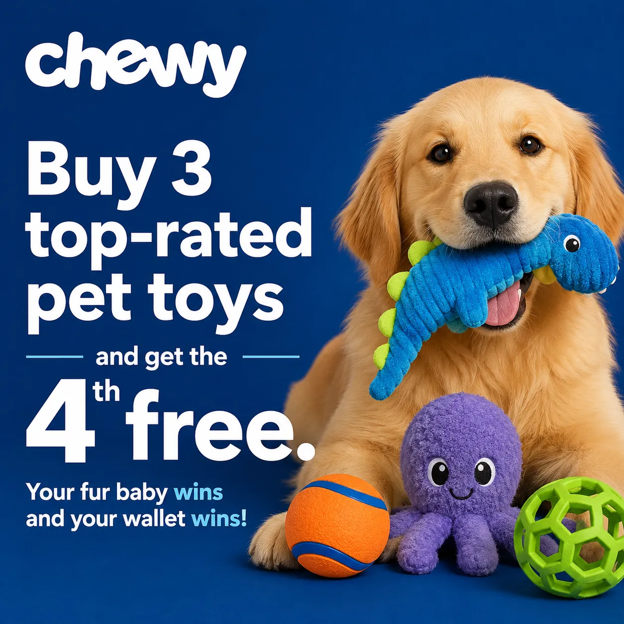 Chewy: Buy 3 top-rated pet toys and get the 4th free. Your fur baby wins and your wallet wins!
