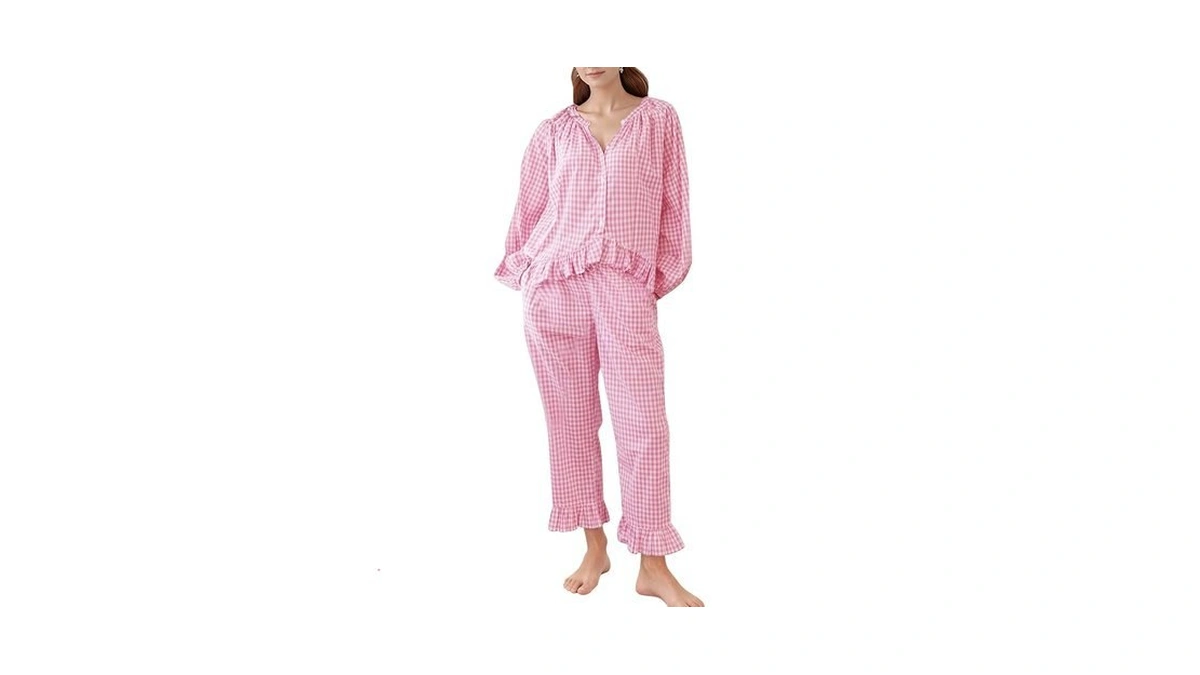 Cozypoin Women's Cotton Gingham Pajama Set 2 Piece Long Sleeve