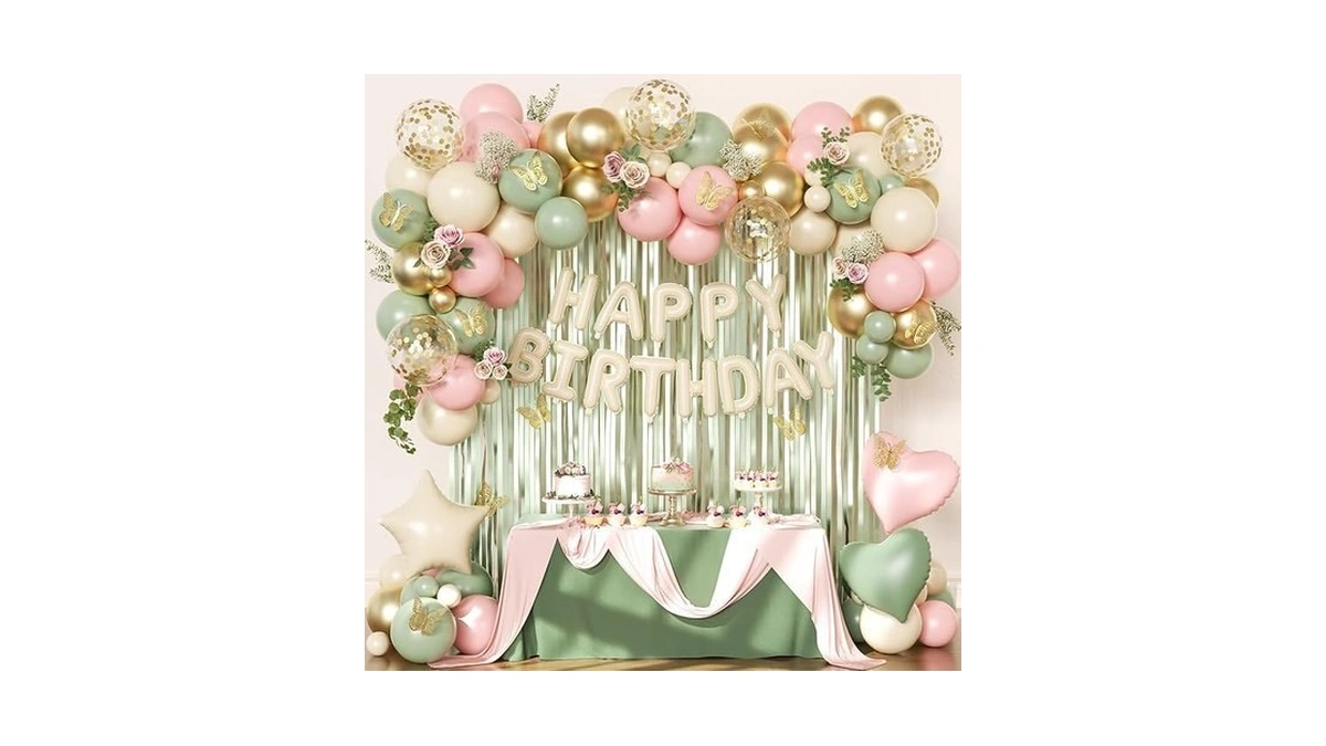 Pink And Sage Green Birthday Decorations, Pink Green Sand White