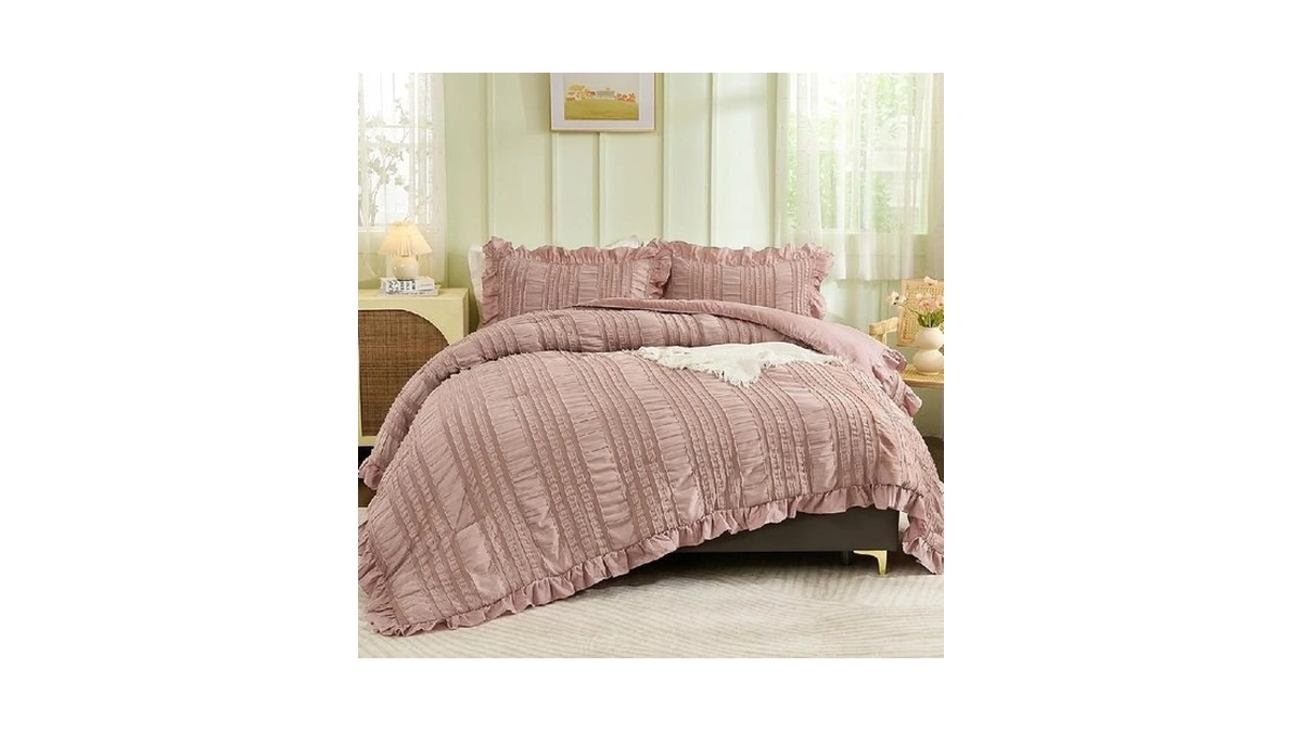 Wongs Bedding Pink Comforter Set Queen,3 Pieces Ruffle Farmhouse Shabby