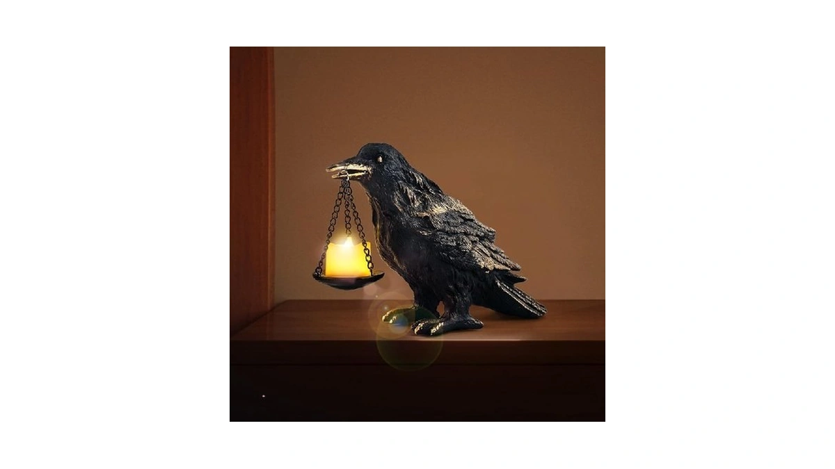 Gothic Crow Lamp With Tealight Candle Holder Resin Raven Decor