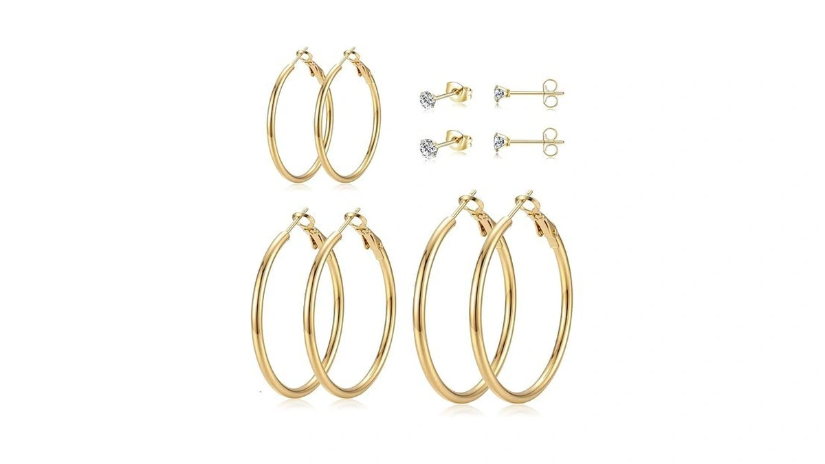 5 Pairs Gold Stud Hoop Earrings For Women, Hypoallergenic 14k