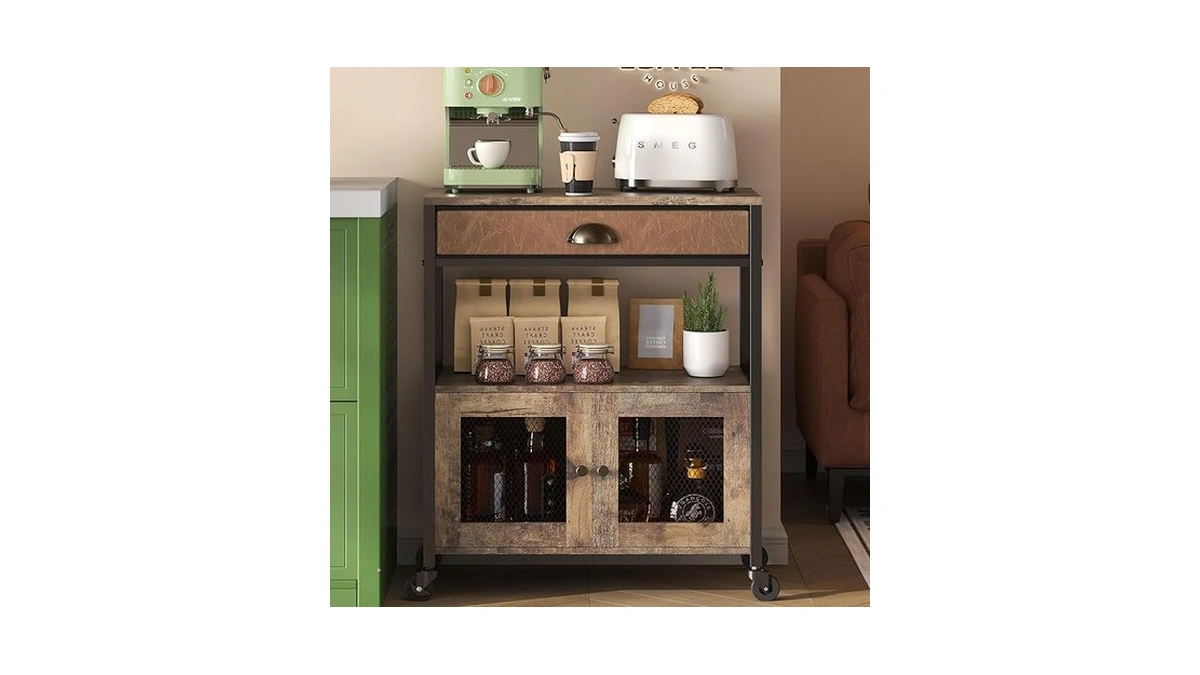 X-cosrack Coffee Bar Cabinet，3 Tiers Kitchen Coffee Cart With Drawer