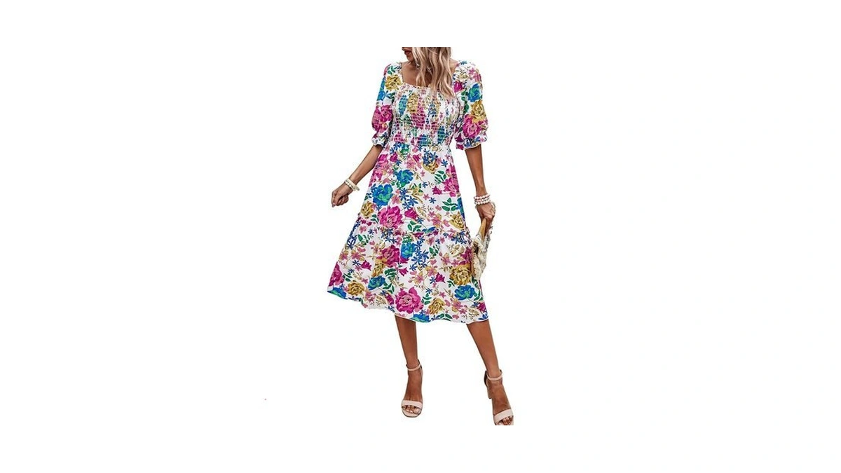 Prettygarden Women's Summer Casual Midi Dress 2025 Spring Puff Sleeve