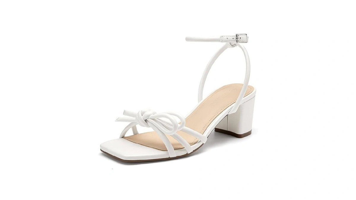 Xmwealthy White Chunky Block Bow Heels For Women Strappy Square