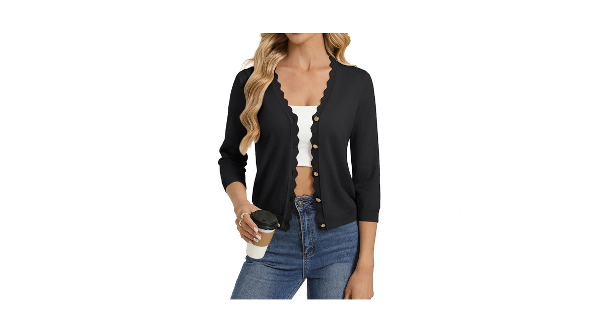 Grace Karin Cropped Cardigans For Women Trendy, Black Lightweight 3/4