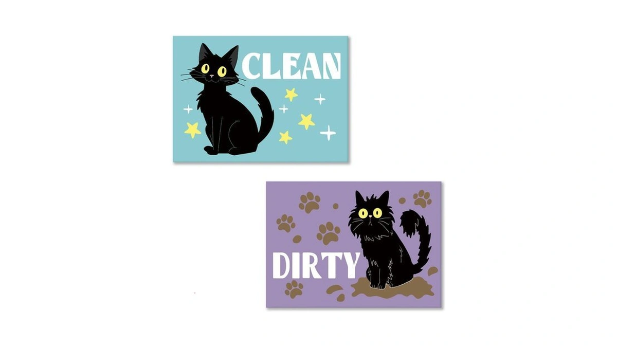 Paayna Black Cat Dishwasher Magnet Clean Dirty Sign, Double Sided