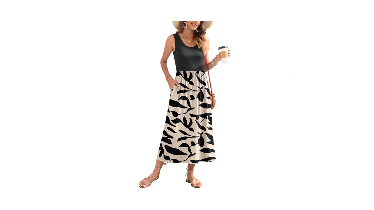 Wneedu Womens Casual Summer Dress Sleeveless Maxi Dress Loose Fit