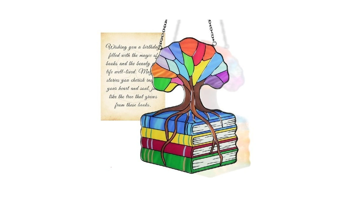 Aqgqtq Stained Glass Window Hanging, Colorful Book Tree Of Life