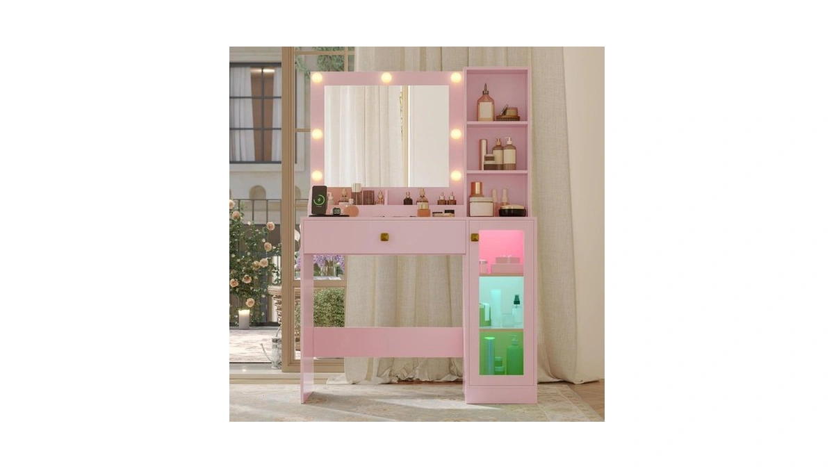 Boxaction Pink Vanity Desk With Mirror And Lights, 34" Led