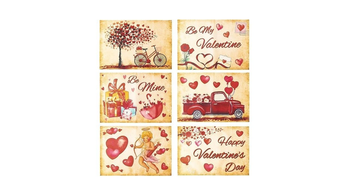 Awsertantue Valentine's Day Placemats Set - 6 Pcs Vintage Watercolor