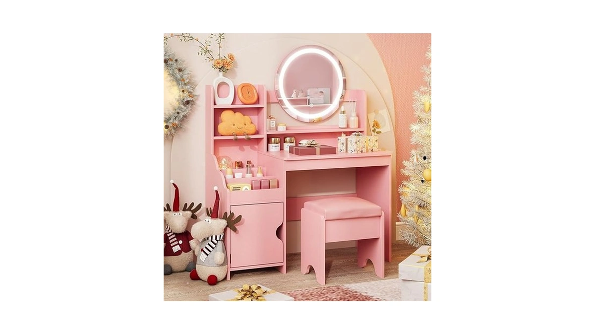 Vabches Kids Vanity With Lights, Princess Makeup Vanity Desk With