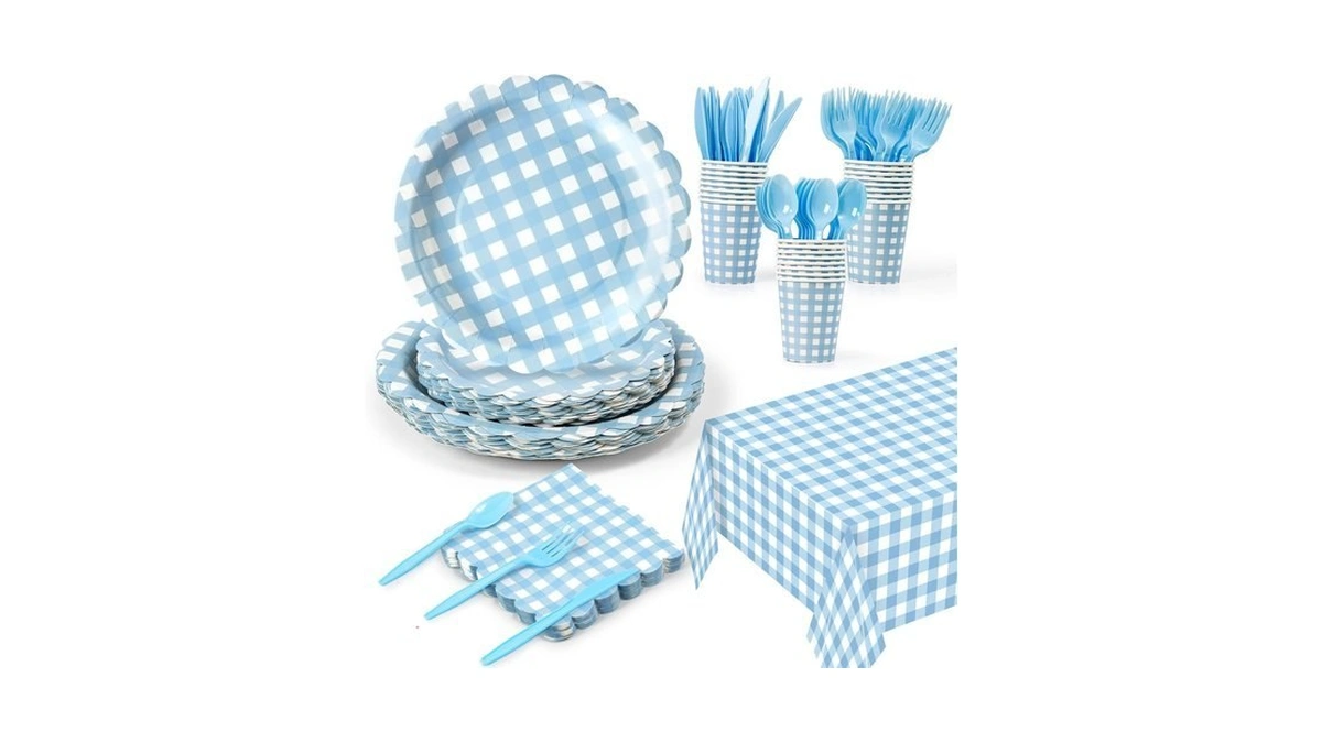 Gqiril Graduation Gingham Plates Party Supplies - 169pcs Blue Paper