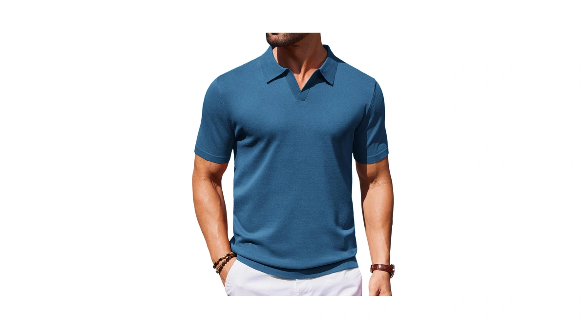 Coofandy Mens Knit Polo Shirts V Neck Short Sleeve Stretch