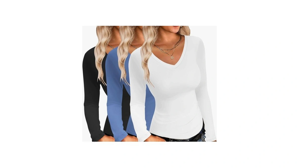 Ekouaer Womens 3 Pack Long Sleeve Shirts V Neck Slim