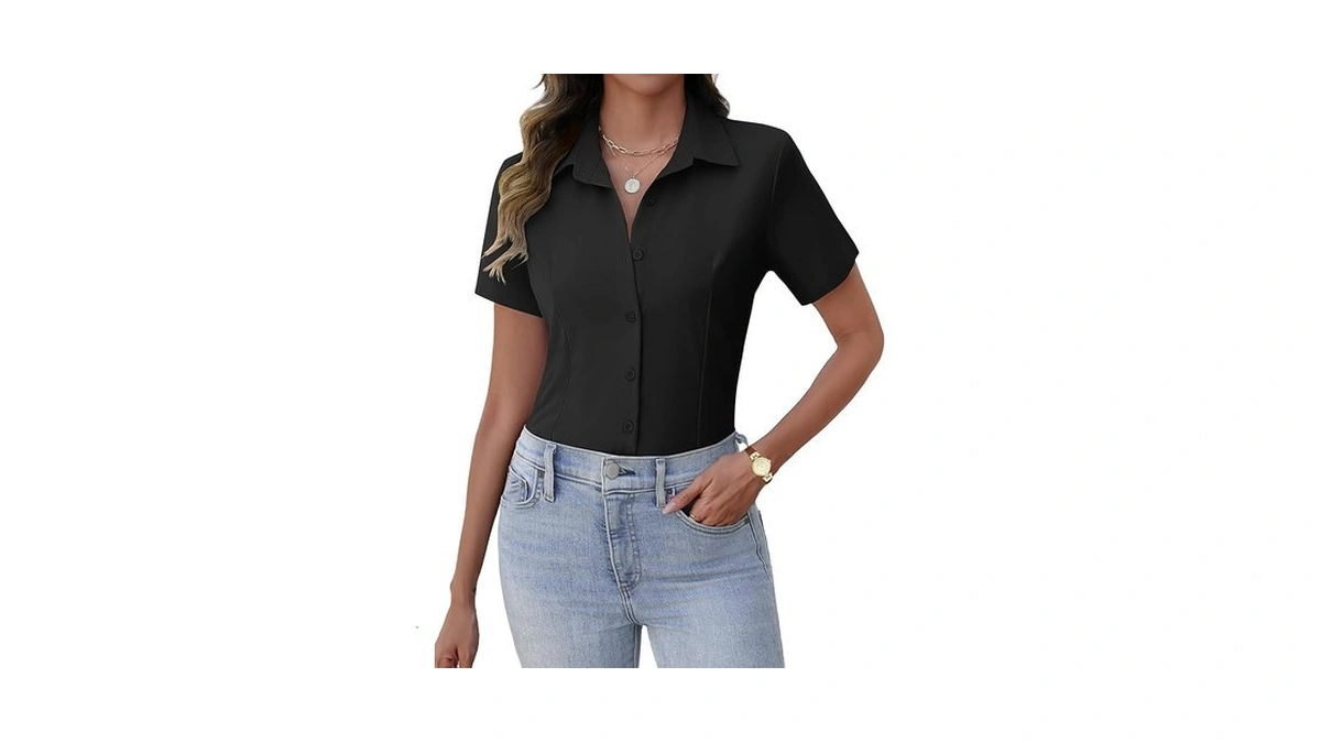 Zeagoo Womens Black Button Down Shirt Short Sleeve Button Dress