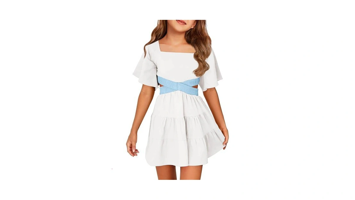 Batermoon Girls Summer Dress Square Neck Short Sleeve Crossover Waist