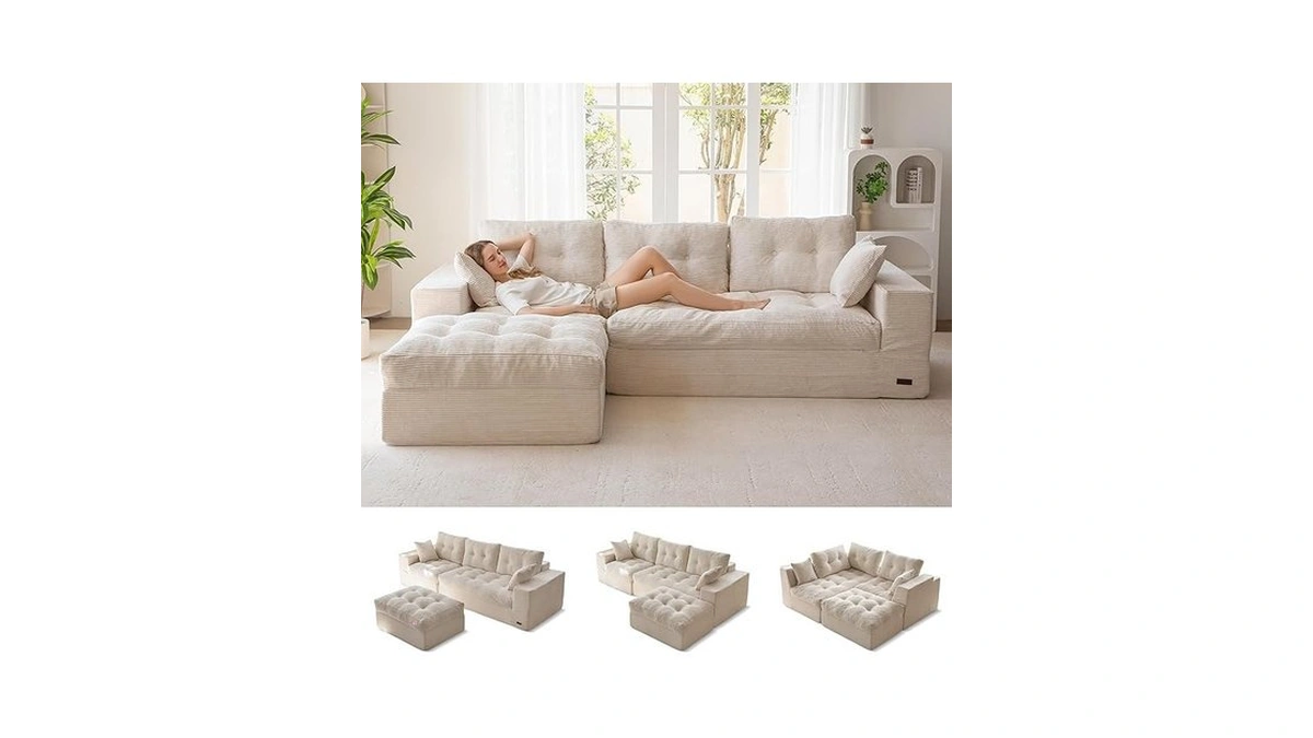 Maxyoyo 104" L Shaped Modular Sectional Sofa With Ottoman, Cloud