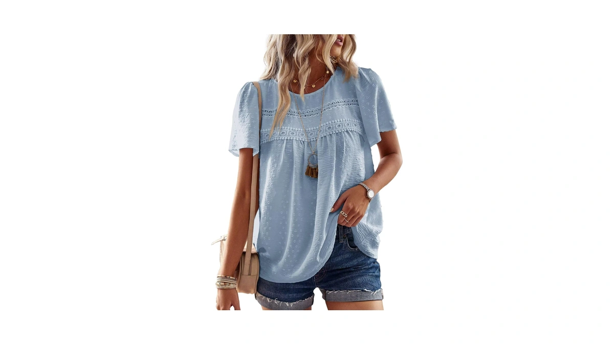 Falechay Blue Tops Chiffon Flowy Swiss Dots Blue Blouses For