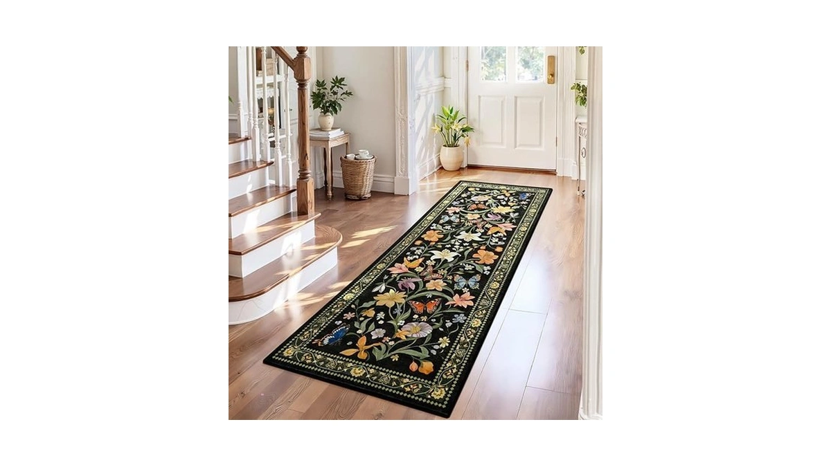 2x6 Washable Runners For Hallways Non Slip, Black Floral Kitchen