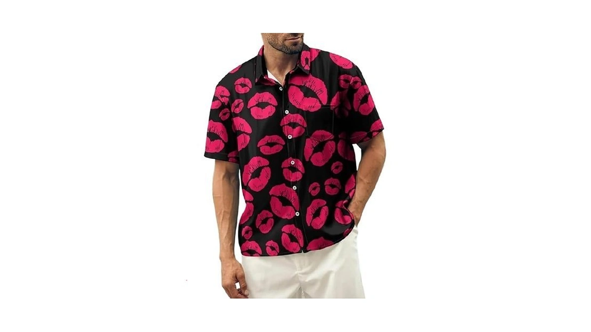 Am Direct Men's Valentine's Day Button-up Short Sleeve Shirt Casual