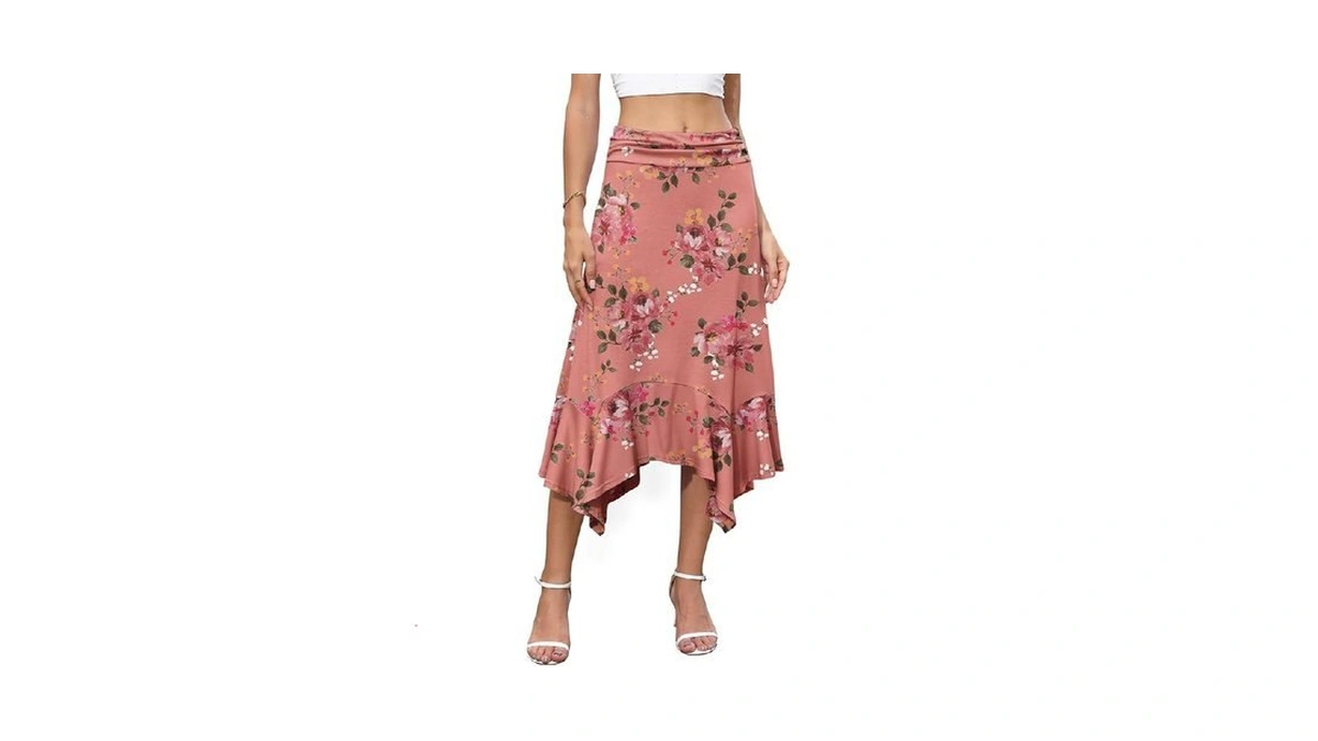 Niloufo Womens Flowy High Waisted Midi Skirt, Asymmetrical Handkerchief Hem