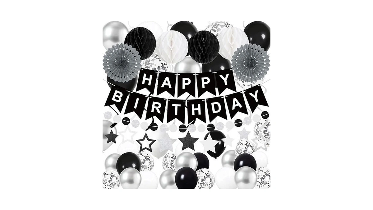 69pcs Birthday Decorations Black Happy Birthday Banner Balloons Paper Fans