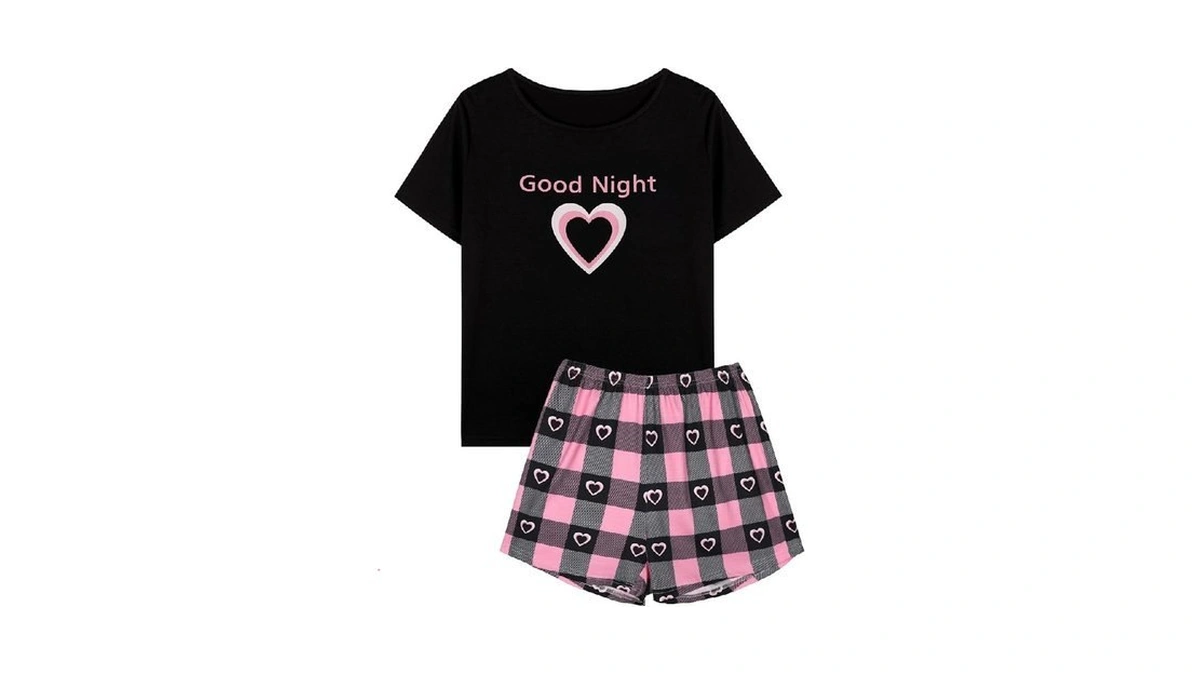 Hilinker Womens Cute Plaid 2 Piece Pajamas Short Sleeve Top