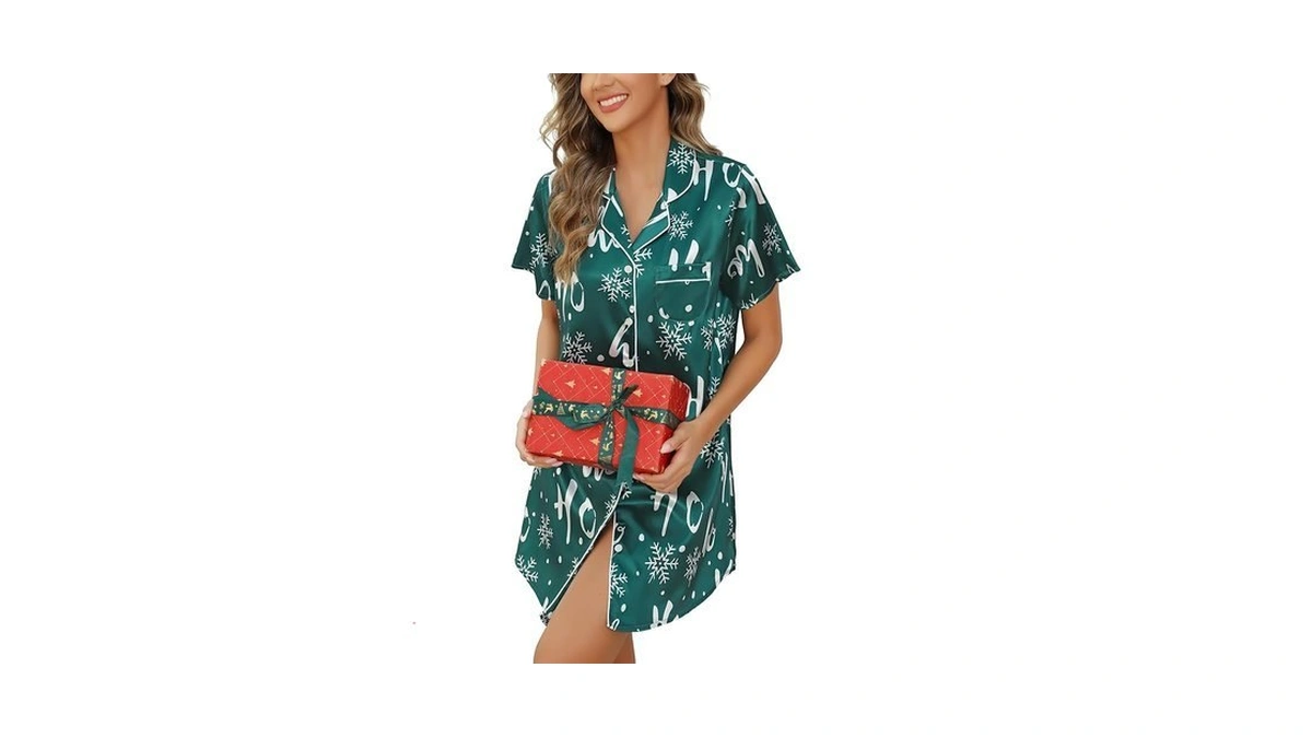 Samring Women's Christmas Nightshirt Short Sleeve Button Down Sleepshirt Silk