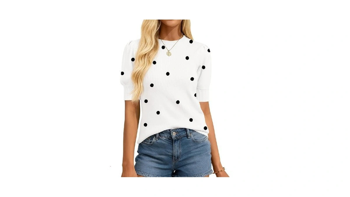 Btfbm Womens Tops Polka Dot Puff Short Sleeve Sweater For