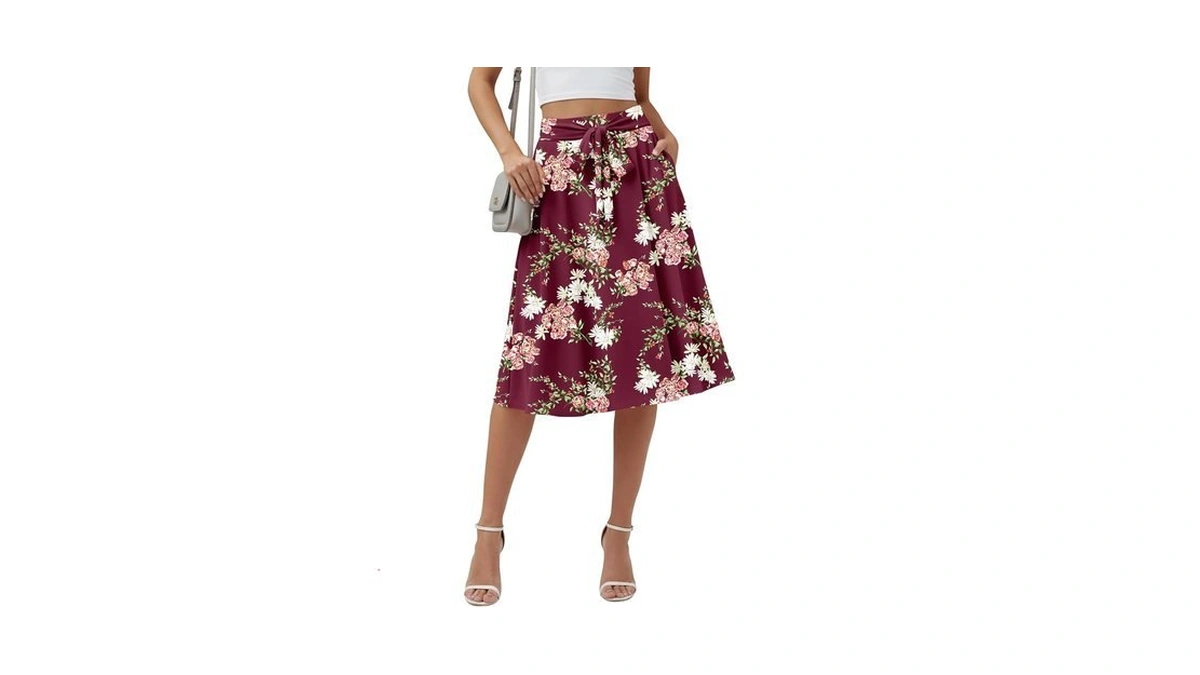 Kuotai Womens Midi Skirt With Pockets High Waisted Elastic Tie