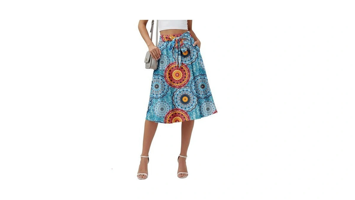 Kuotai Womens Midi Skirt With Pockets High Waisted Elastic Tie
