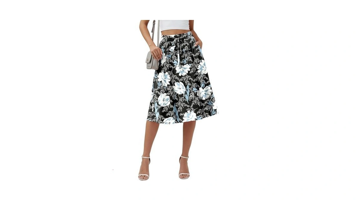 Kuotai Womens Midi Skirt With Pockets High Waisted Elastic Tie