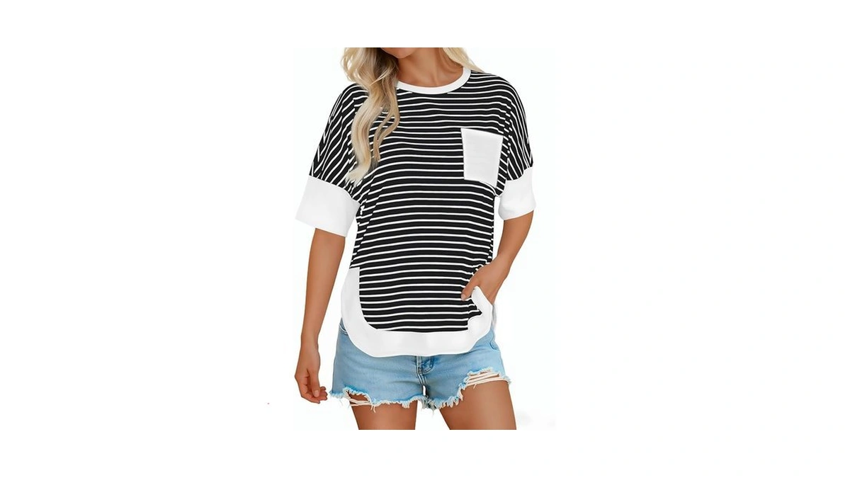 Yousify Womens Striped T-shirts Summer Short Sleeve Tops Casual Loose