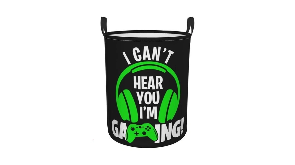 Headphones And Gamepad Round Laundry Hamper Storage Basket Toys Clothes