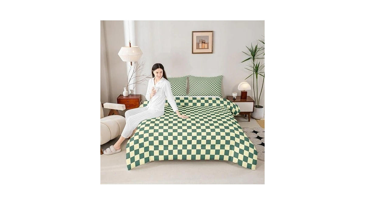 Manfei Checkered Plaids Comforter Set,green And Yellow Checkerboard Simple Bedding