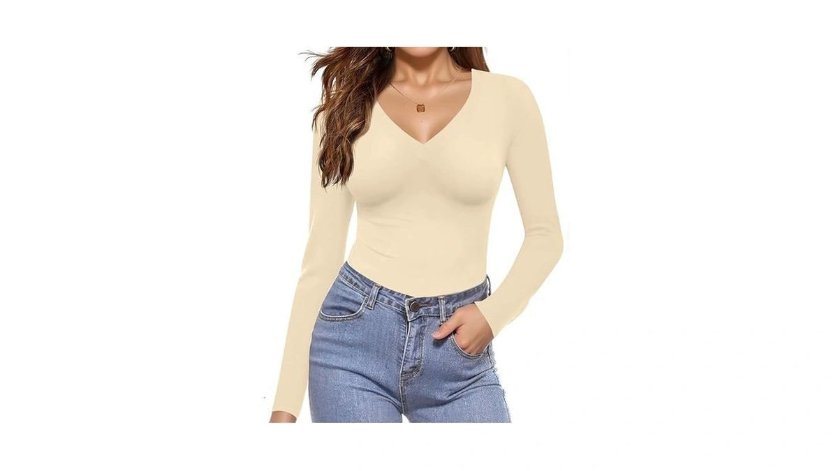 Ekouaer Long Sleeve Shirts For Women Fashion V Neck Basics