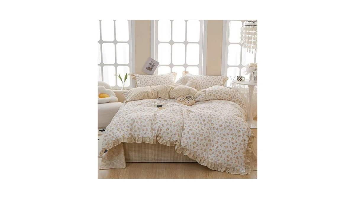 Vm Vougemarket Ruffle Bedding Set Queen Vintage Yellow Pink Flower