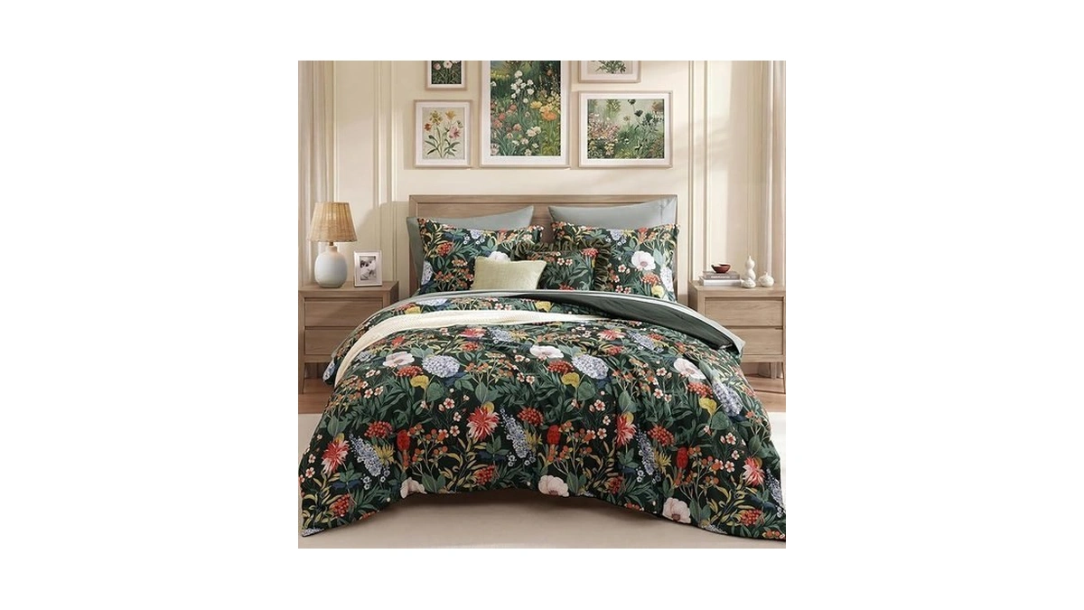 Casaagusto Queen Comforter Set-7 Pieces Green Botanical Floral Bedding Set,