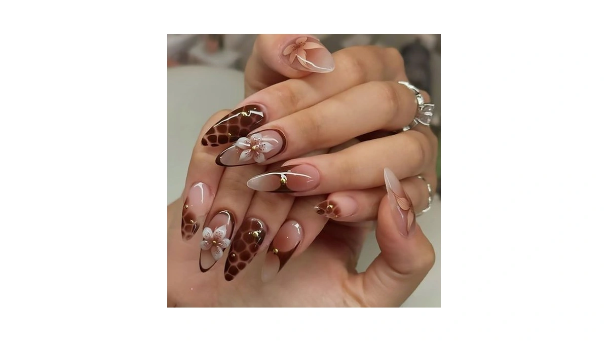 Tyuimhx 3d Flowers Press On Nails Medium Almond Fake Nail