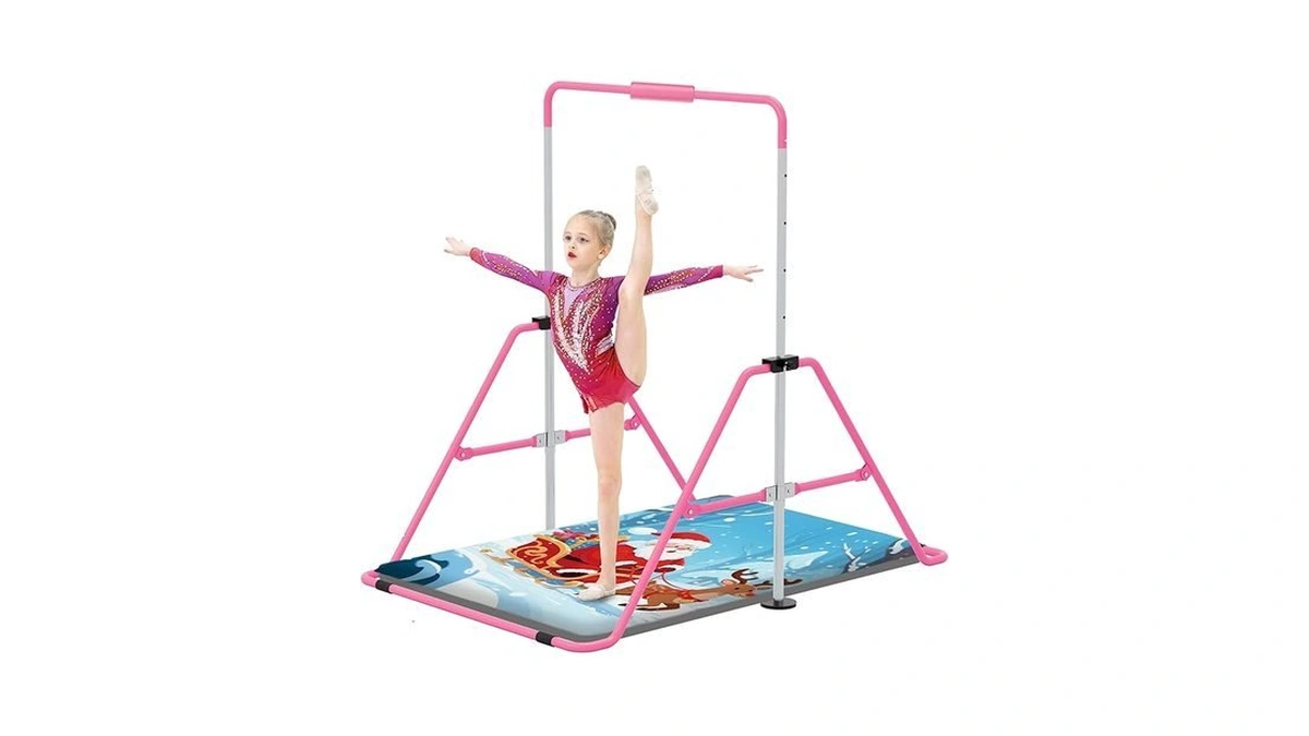 Jivifao Gymnastics Bar With Self-inflating Mat For Kids, Adjustable Height