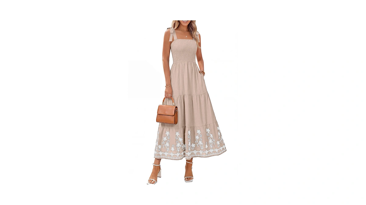 Berrygo Women's Summer Boho Maxi Dress Smocked Spaghetti Strap Embroidery